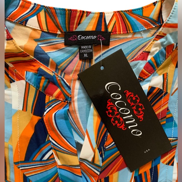 COCOMO XL 3/4 sleeve blue orange multicolored women’s pintuck Blouse top… - Picture 9 of 14